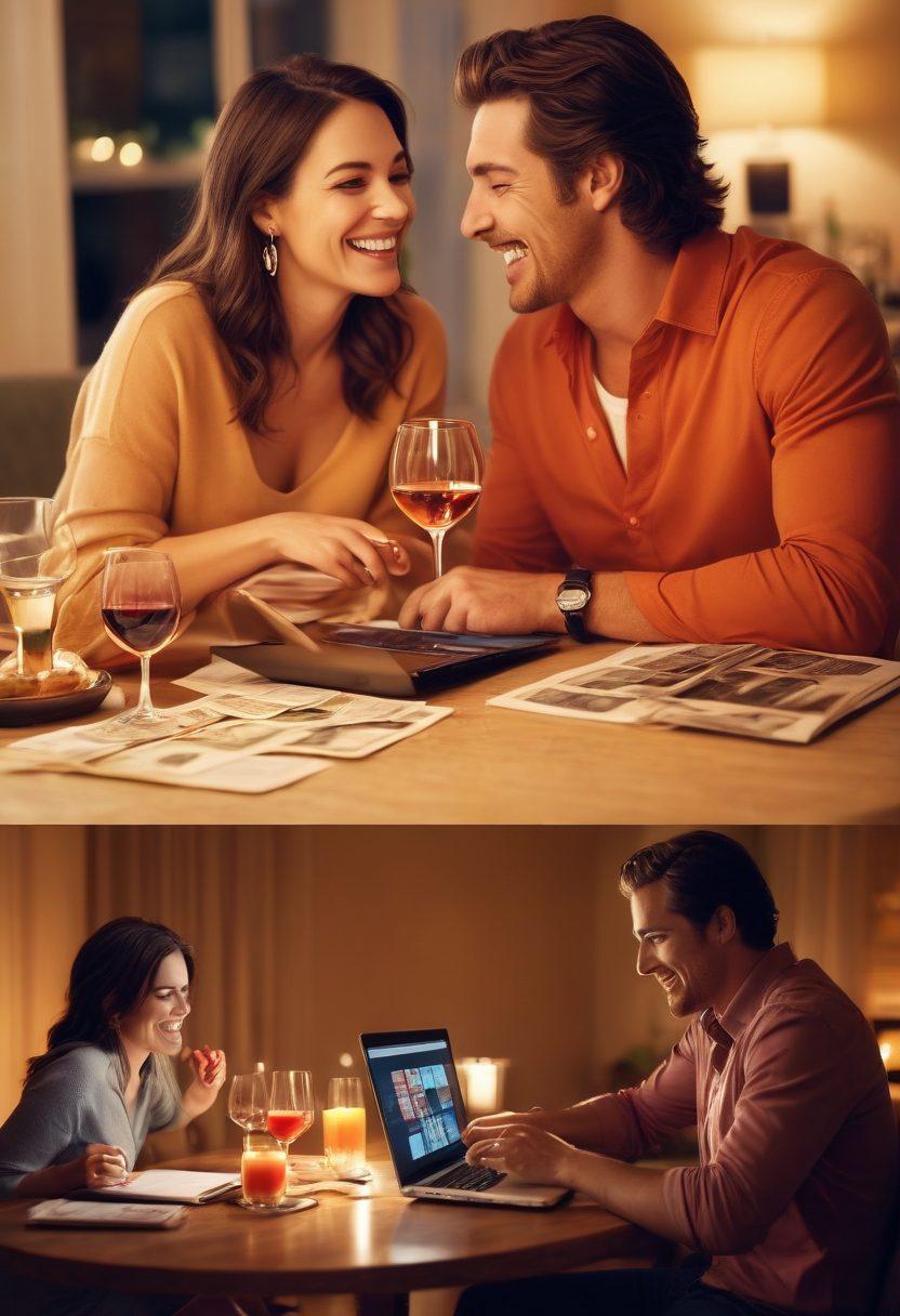 A split image depicting two contrasting scenes: on the left, a romantic candlelit dinner with soft lighting, a couple laughing and enjoying wine, represents romance; on the right, a focused couple sitting at a table with a laptop, budgeting and discussing finances, symbolizes responsibility. Include heart symbols and money icons merging in the center. warm colors on the romance side and cooler tones on the responsibility side. super-realistic. vibrant colors.
