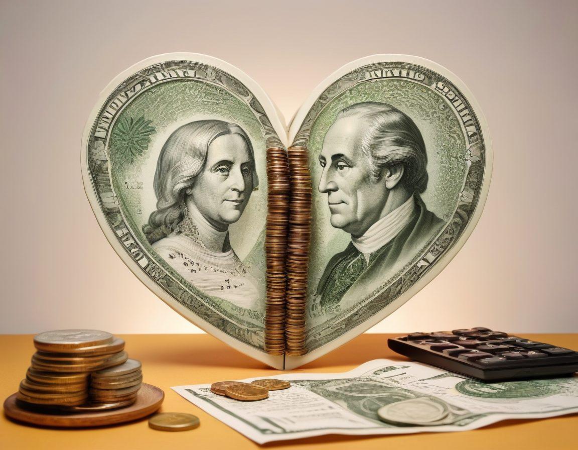 An intricately designed heart composed of intertwined dollar bills and coins, symbolizing love and finance. In the background, a couple is seen discussing their financial plans together at a cozy café, surrounded by charts and heart-shaped calculators. Soft, warm lighting adds an inviting atmosphere. Super-realistic. Vibrant colors. White background.